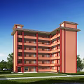 Modern Multistory School Teaching Building With Red Exterior Walls And Green Trees Around