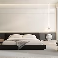 Modern Double Bed With Dark Headboard Light Sheets Hanging Lamp And Minimalist Rug