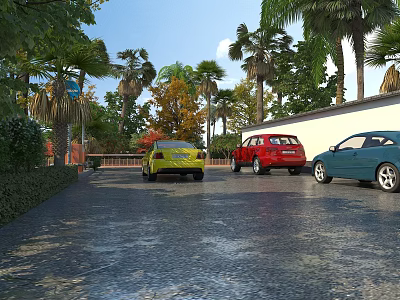 Modern Building Exterior Wall With Parked Cars And Lush Green Trees Around 3d model