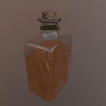 Square Glass Bottle With Cork Stopper Brown Liquid And Small Glass On Brown Background