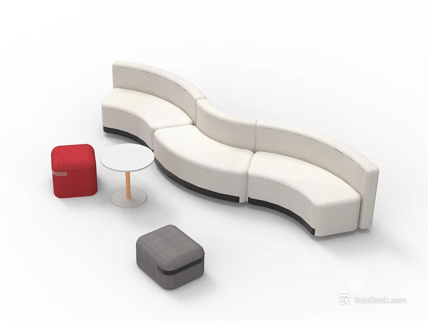 Curved White Sofa Coffee Table Set With Round Table And Red Gray Ottomans 3d model
