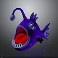 Purple Cartoon Fish with Big Blue Eyes Open Mouth Red Tongue White Teeth Curved Antenna