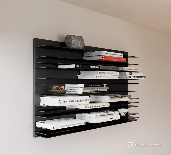 Stylish Black Layered Wall Shelf Displaying Books Magazines and Decorative Stone 3d model 
