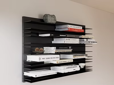 Stylish Black Layered Wall Shelf Displaying Books Magazines and Decorative Stone 3d model
