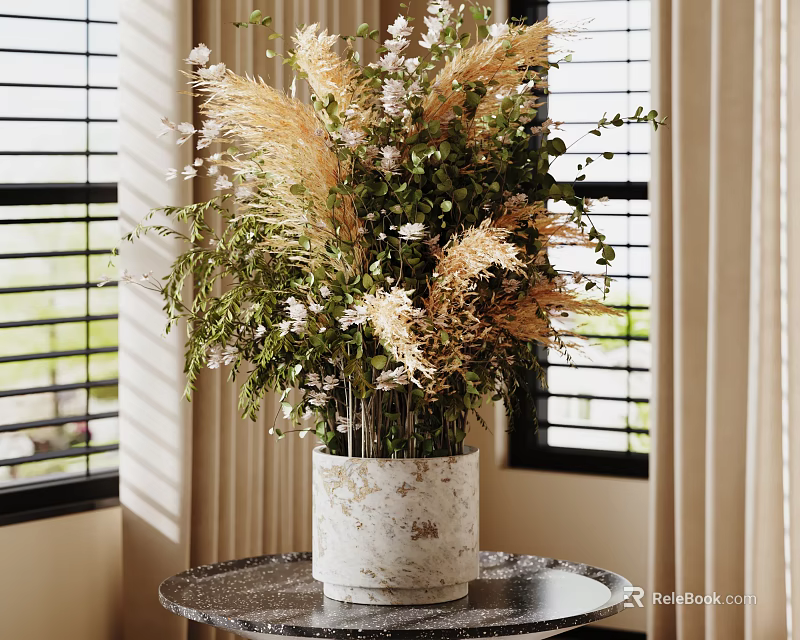 Natural Decorative Ornament Set with Dried Grass Greenery and White Flowers on Marble Tabletop 3d model 