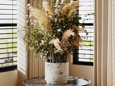 Natural Decorative Ornament Set with Dried Grass Greenery and White Flowers on Marble Tabletop 3d model