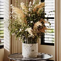 Natural Decorative Ornament Set with Dried Grass Greenery and White Flowers on Marble Tabletop