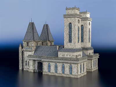 Ancient Stone Architecture With Pointed Towers Tall Windows And Arched Entrance 3d model