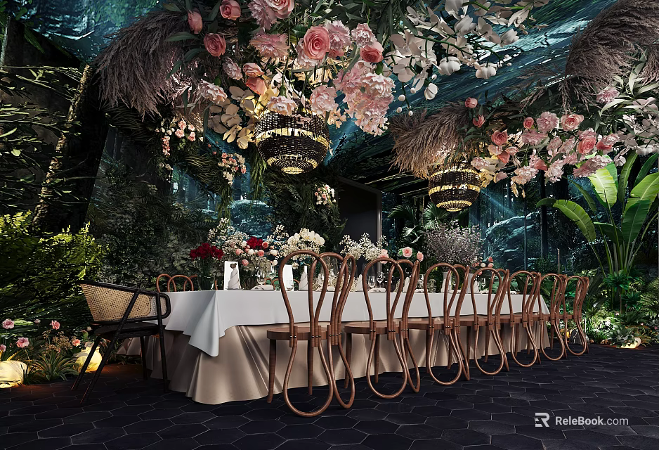 Garden Themed Private Dining Box With Pink White Floral Decor Chandeliers And Bamboo Chairs 3d model 