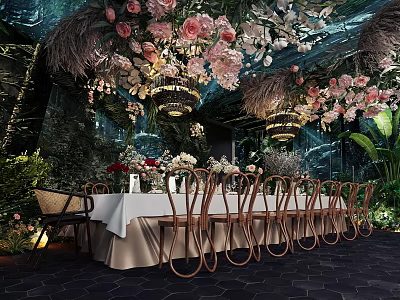 Garden Themed Private Dining Box With Pink White Floral Decor Chandeliers And Bamboo Chairs 3d model