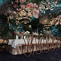 Garden Themed Private Dining Box With Pink White Floral Decor Chandeliers And Bamboo Chairs