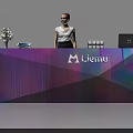 Modern Reception Desk with Gradient Color Geometric Design Menu Logo Vase Flowers Tablet Laptop