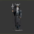 Man Wearing Horned Helmet With Long Beard Holding Staff In Dark Robe Standing On Pedestal