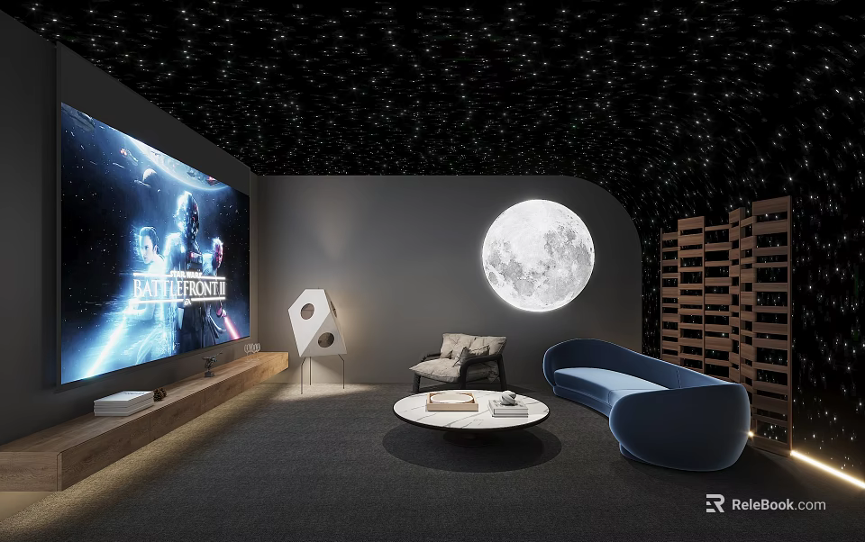 Modern Home Theater With Starry Ceiling Large Screen Moon Decor And Blue Sofa 3d model 