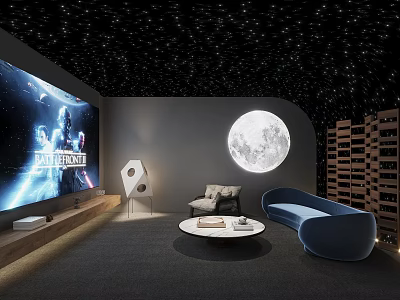 Modern Home Theater With Starry Ceiling Large Screen Moon Decor And Blue Sofa 3d model