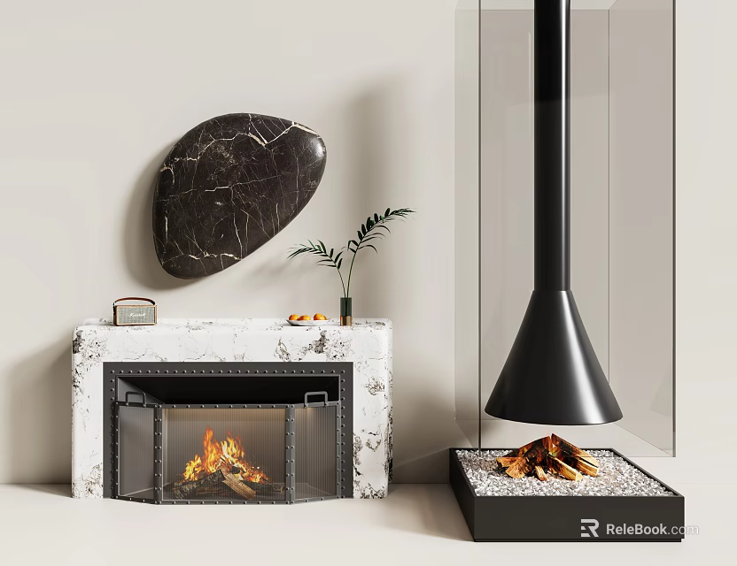 Marble Fireplace With Flames And Modern Decor Elements In Interior 3d model 