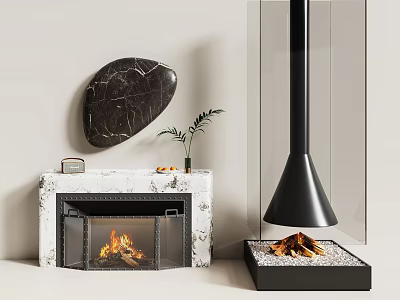 Marble Fireplace With Flames And Modern Decor Elements In Interior 3d model