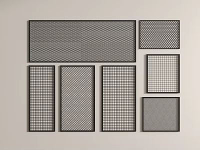 Various Shapes Of Railings With Grid Patterns And Black Rectangular Frames On Gray Background 3d model
