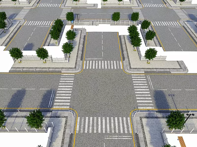 Road Infrastructure Featuring Crossroads Zebra Crossings Traffic Lanes And Roadside Trees 3d model