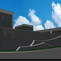 Modern Honeycomb Perforated Brick Scenic Wall With Green Plants And Building In Landscaped Area