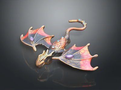 Intricate Dragon Ornament With Organ Details And Fur Like Texture On Red Orange Metallic Wings 3d model