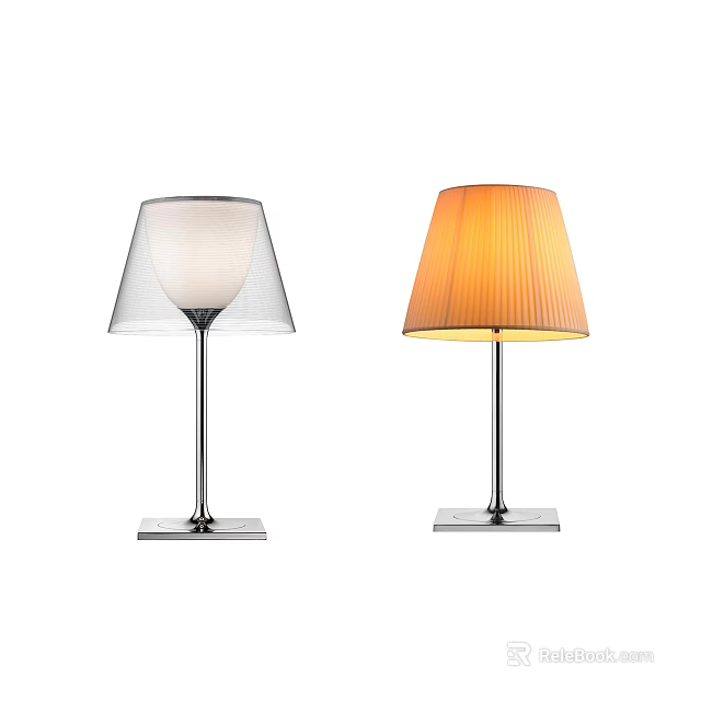 Modern Table Lamps with White Transparent Orange Pleated Shades Silver Metal Poles Square Bases 3d model 