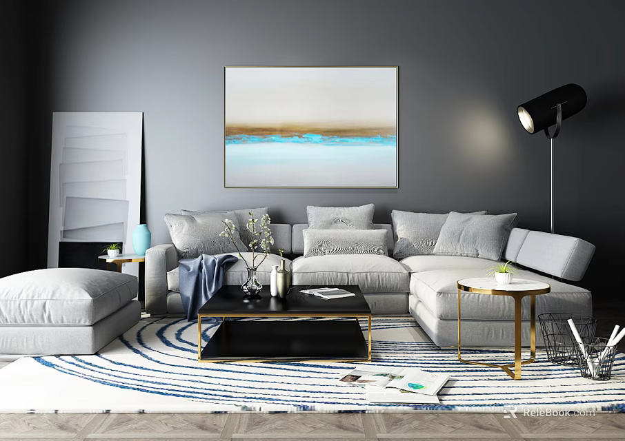 Modern Gray Sofa and Coffee Table Set with Multiple Cushions Round Side Table and Rug 3d model