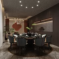 Elegant Private Room Interior With Round Dining Table Chairs Tableware And Chandelier Decorations 3d model