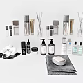 Modern Bathroom Accessories Including Soap Dispensers Aromatic Sticks Towels And Decorative Bottles