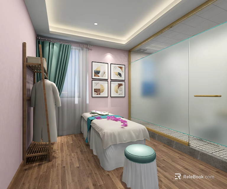 SPA Sauna Interior With Pink Walls Wooden Flooring Massage Bed Green Curtains And Decorative Paintings 3d model 