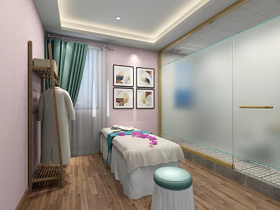 SPA Sauna Interior With Pink Walls Wooden Flooring Massage Bed Green Curtains And Decorative Paintings 3d model