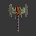 Ornate Axe With Wooden Handle Twisted Rope Green Patterns And Blue Orange Stripes