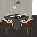 Modern Mahjong Entertainment Table with Four Brown Quilted Chairs and Hanging Lamp 3d model