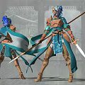 Game Character With Teal Blue Hair Brown And Blue Armor Holding Spear And Sword