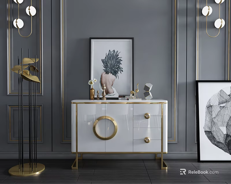 Elegant Modern Entryway Console Table With White Cabinet Gold Accents Artwork And Decorative Items 3d model 
