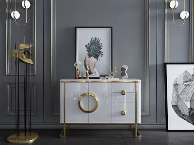Elegant Modern Entryway Console Table With White Cabinet Gold Accents Artwork And Decorative Items 3d model