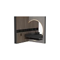 Modern Bathroom Vanity With Wooden Cabinet Black Countertop And Round Mirror Lighting