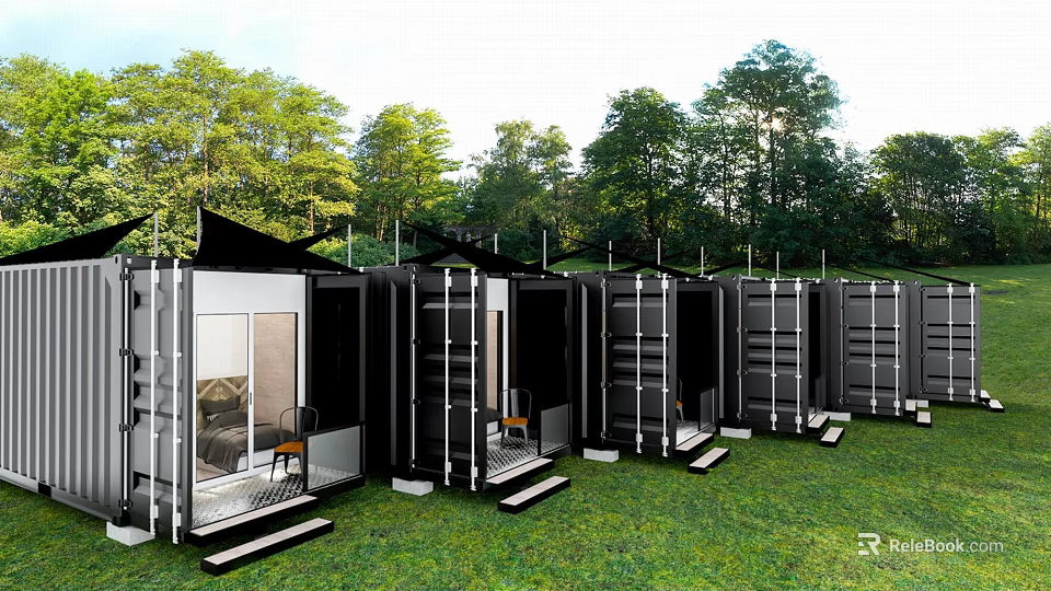 Black Container Homestay Building With Glass Doors On Green Lawn Among Trees 3d model 