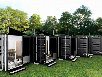 Black Container Homestay Building With Glass Doors On Green Lawn Among Trees 3d model