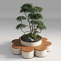 Petal Shaped Outdoor Chair With Wooden Seats And Potted Tree Greenery