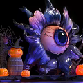 Interactive Area Featuring Halloween Themed Giant Eyeball Shaped Flower Pumpkins Wooden Barrel and Dead Trees