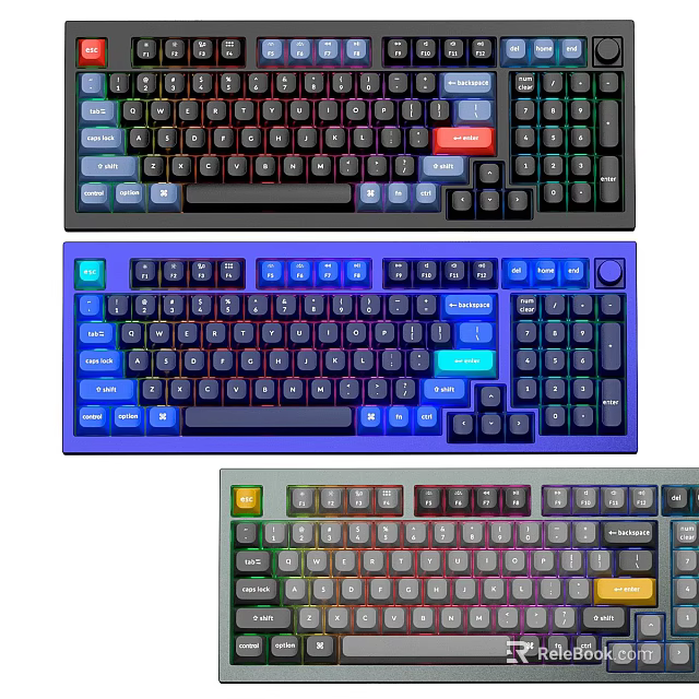 Three Mechanical Keyboards With RGB Backlight Colorful Keycaps And Ergonomic Design 3d model 