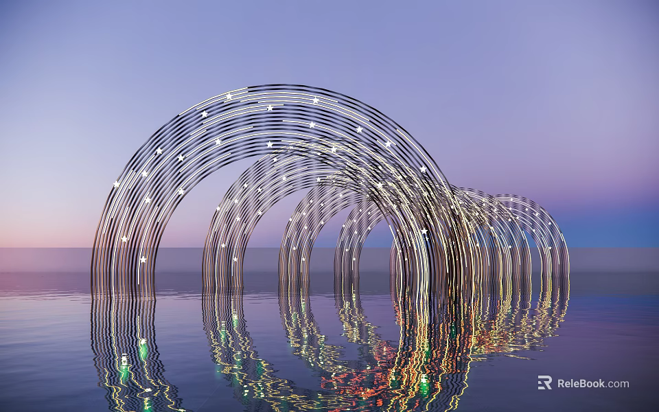 Curved Metal Pergola With String Lights And Water Reflection Against Sunset Sky 3d model 