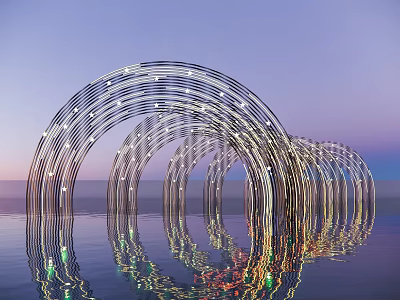 Curved Metal Pergola With String Lights And Water Reflection Against Sunset Sky 3d model