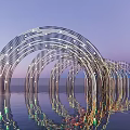 Curved Metal Pergola With String Lights And Water Reflection Against Sunset Sky