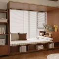 Cozy Modern Window Seat Interior With Wooden Shelves Pillows And Blinds