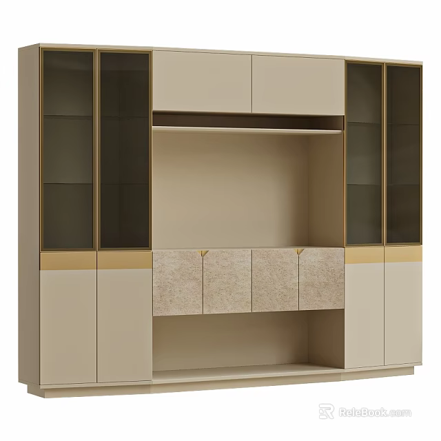 Stylish Home Storage Cabinet With Modern Design Glass Doors And Marble Panels 3d model 