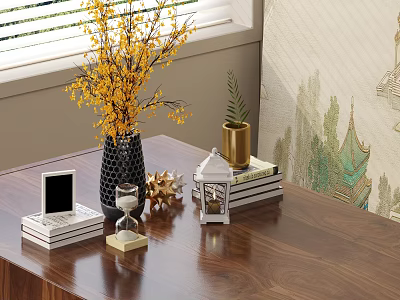 Ornamental Decor Set With Black Vase Yellow Flowers Hourglass Small Lantern And Wooden Table 3d model