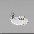 Small Snow Covered House With Windows And Snowy Pine Tree On White Snowy Ground