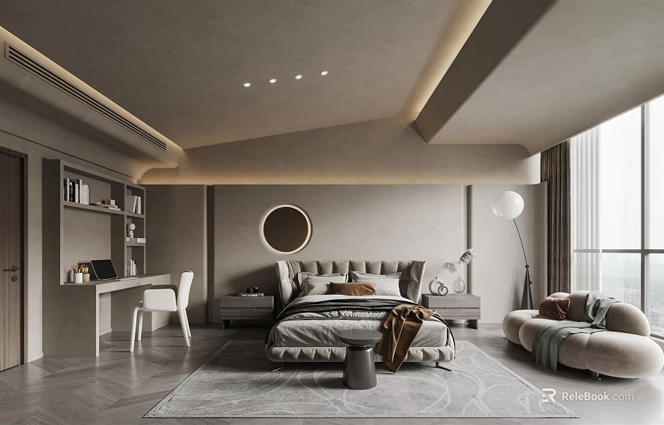 Modern Bedroom Interior Design With Upholstered Bed Round Mirror Desk Chair And Area Rug 3d model 